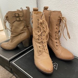 Beige Leather Mid-calf Boots